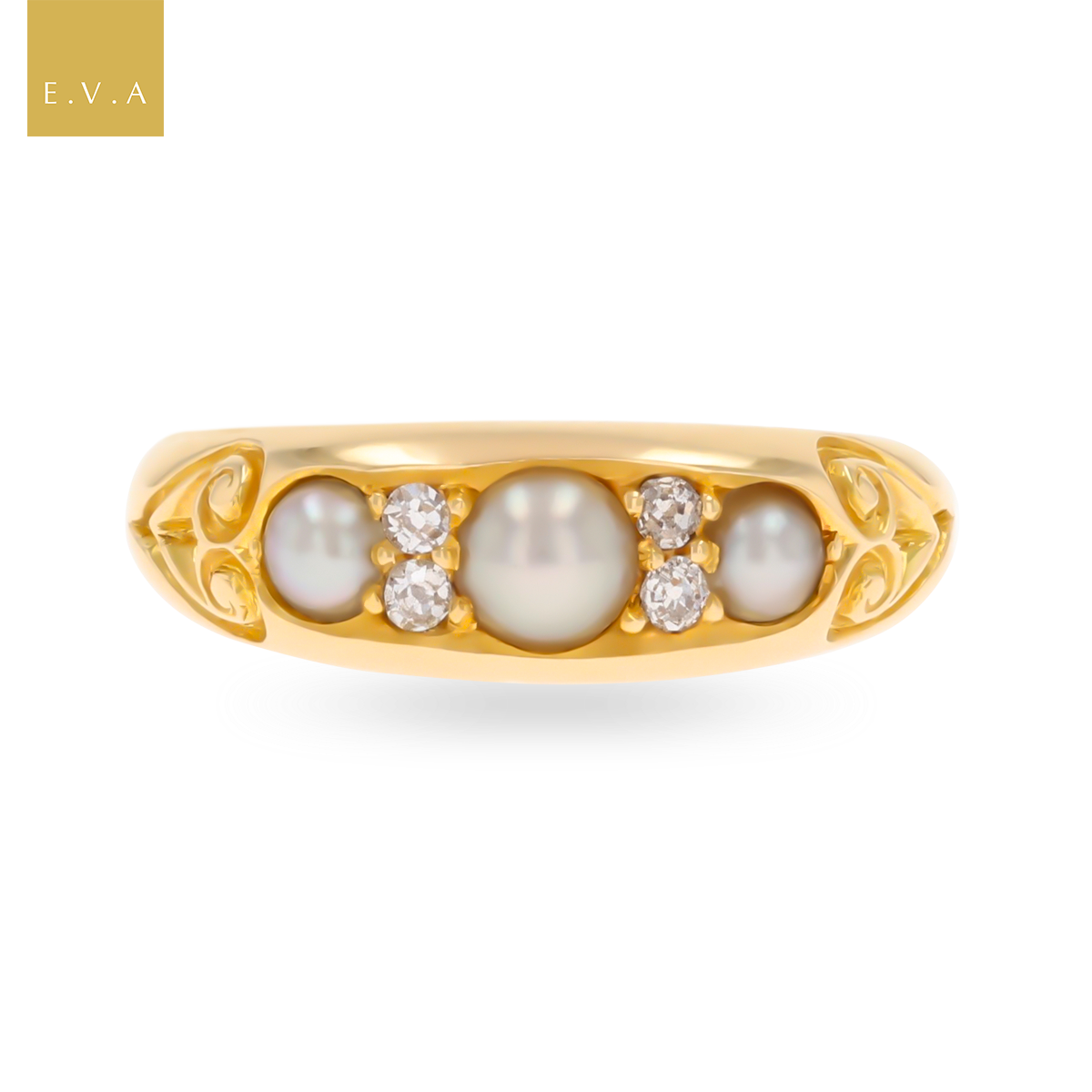 18ct Yellow Gold Pearl & Diamond Seven Stone Victorian Ring