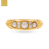 18ct Yellow Gold Pearl & Diamond Seven Stone Victorian Ring