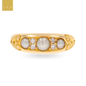 18ct Yellow Gold Pearl & Diamond Seven Stone Victorian Ring