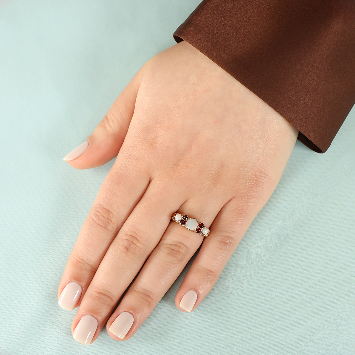 Model wears 9ct Yellow Gold Opal & Garnet "Victorian" Style Ring