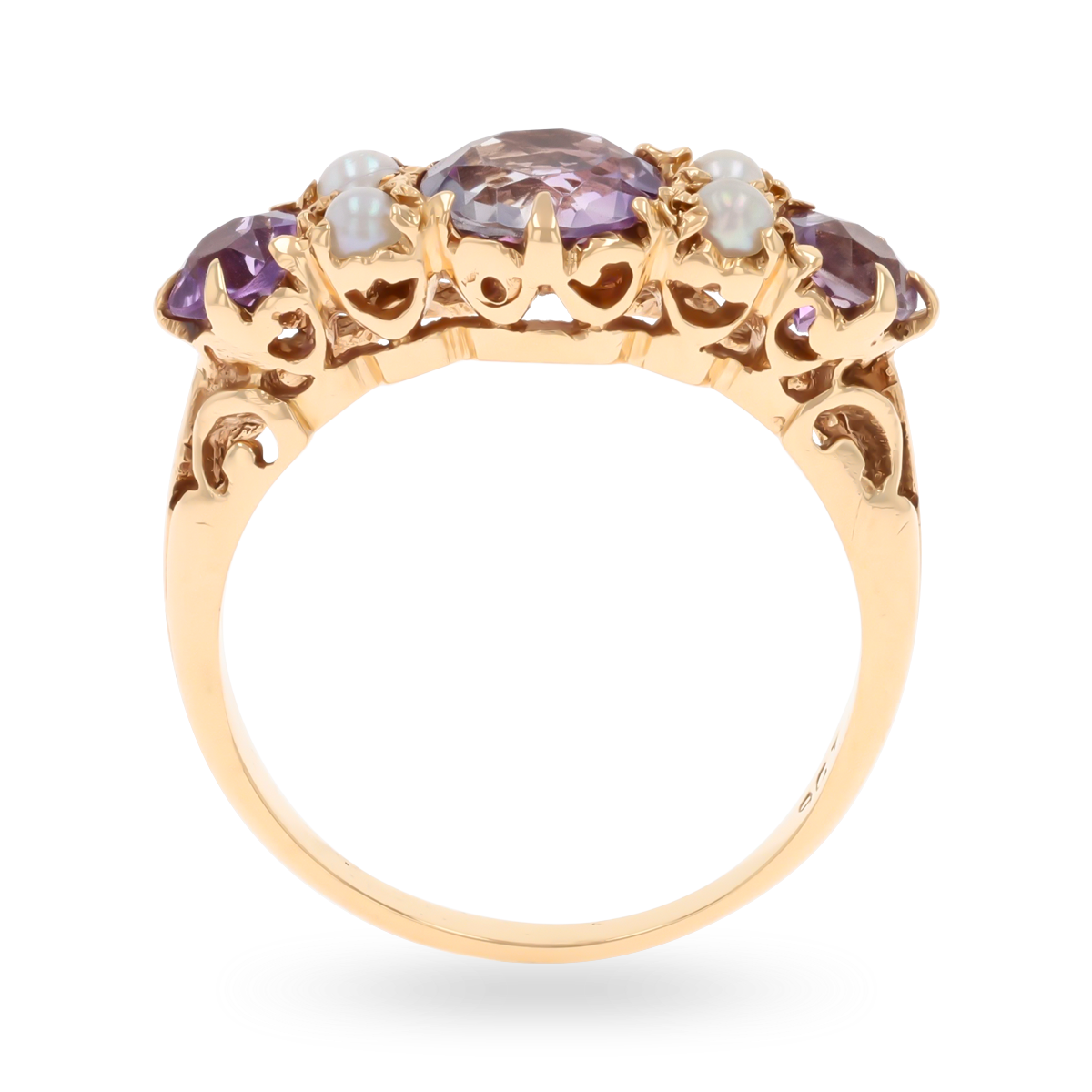 Un-hallmarked 9ct Yellow Gold Amethyst & Cultured Pearl Seven Stone Ring