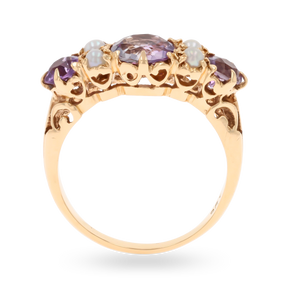 Un-hallmarked 9ct Yellow Gold Amethyst & Cultured Pearl Seven Stone Ring