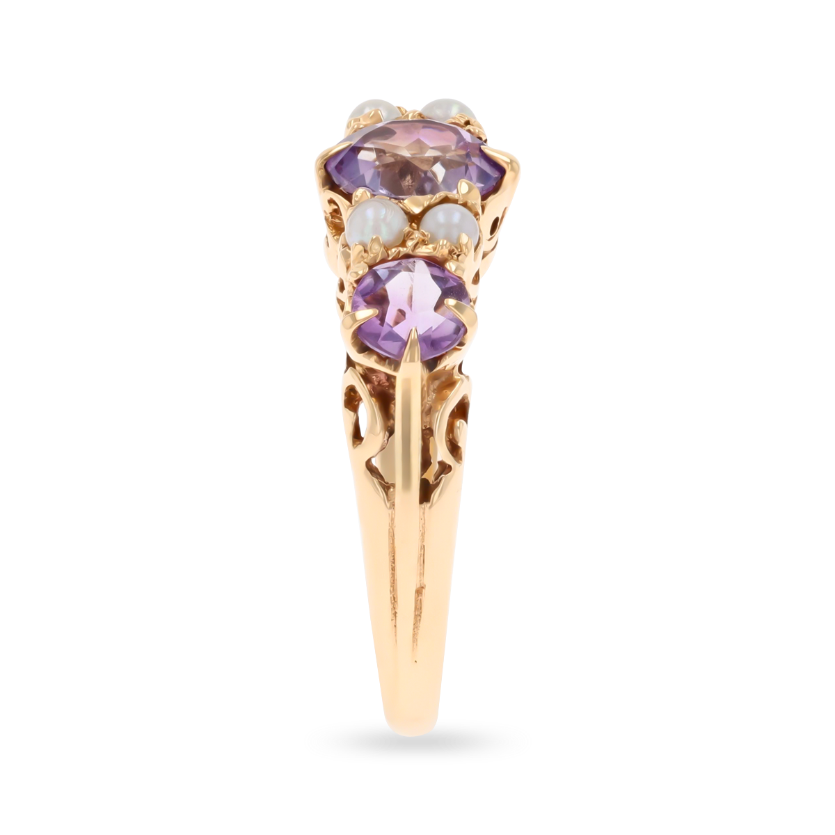 Un-hallmarked 9ct Yellow Gold Amethyst & Cultured Pearl Seven Stone Ring