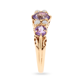 Un-hallmarked 9ct Yellow Gold Amethyst & Cultured Pearl Seven Stone Ring