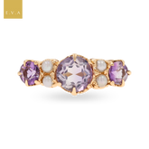 Un-hallmarked 9ct Yellow Gold Amethyst & Cultured Pearl Seven Stone Ring