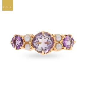 Un-hallmarked 9ct Yellow Gold Amethyst & Cultured Pearl Seven Stone Ring
