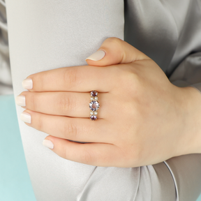 Model wears Un-hallmarked 9ct Yellow Gold Amethyst & Cultured Pearl Seven Stone Ring