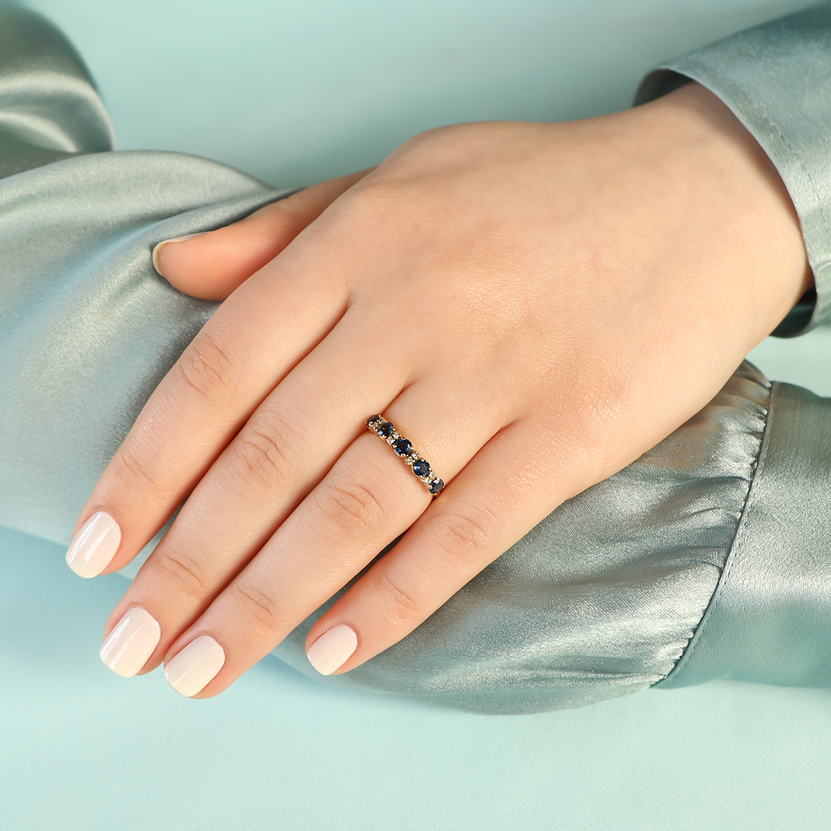 Model wears 18ct Yellow Gold Sapphire & Diamond Band Ring