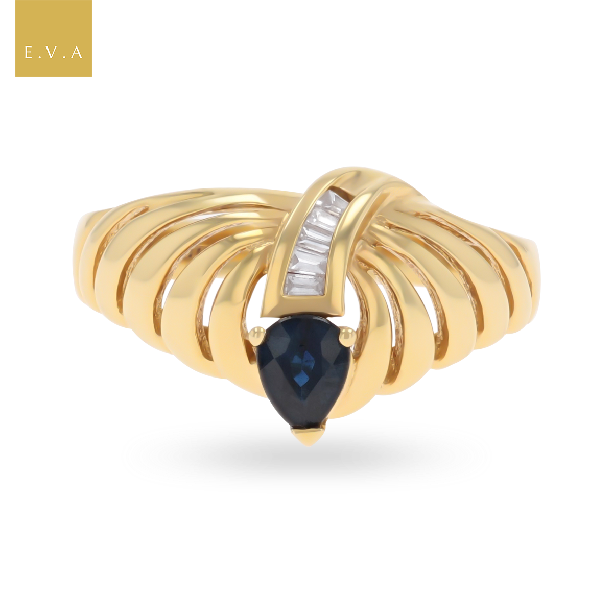 18ct Yellow Gold Pear Shaped Sapphire & Tapered Baguette Cut Diamond Ring