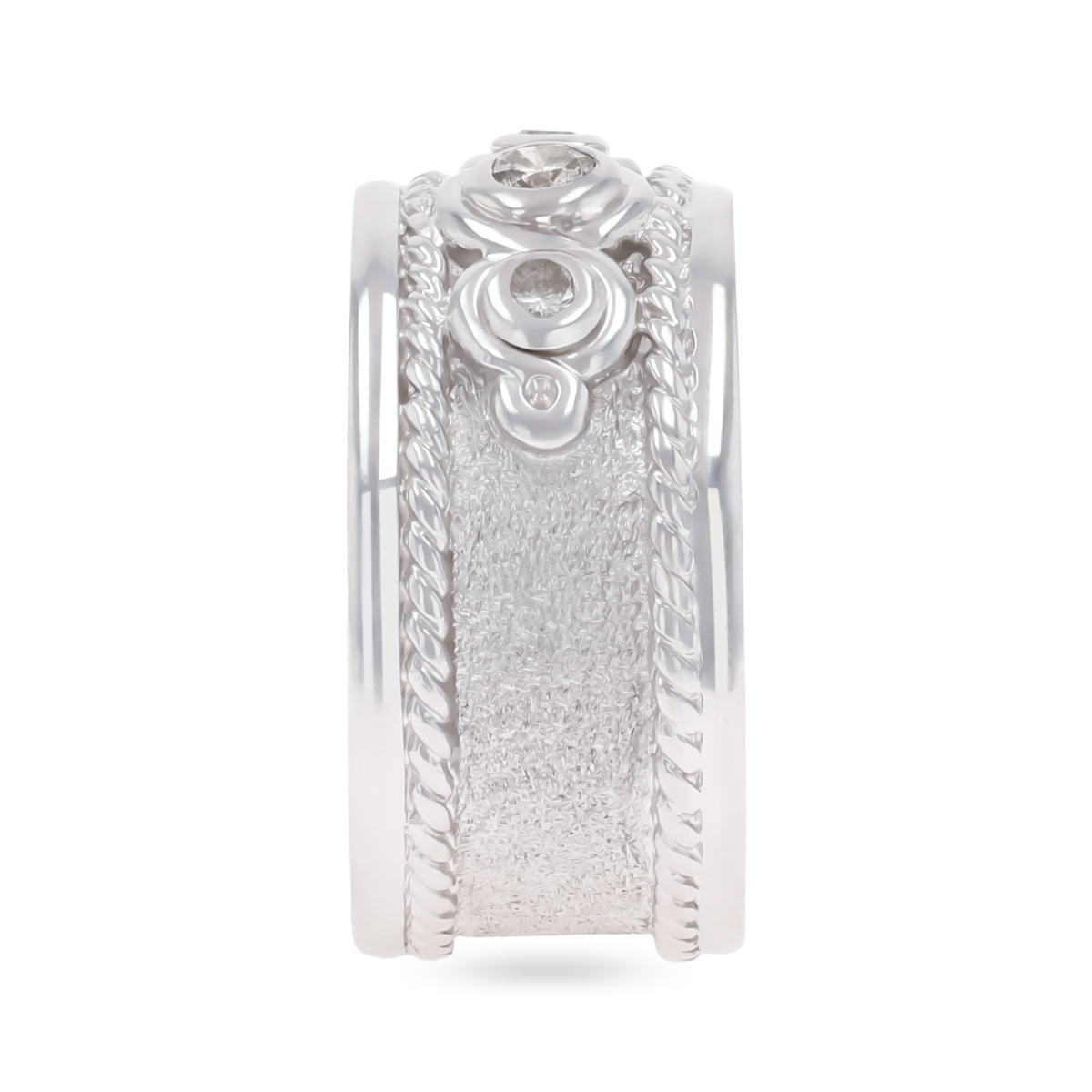 9ct White Gold Diamond Set Satin Rope Edge Ring