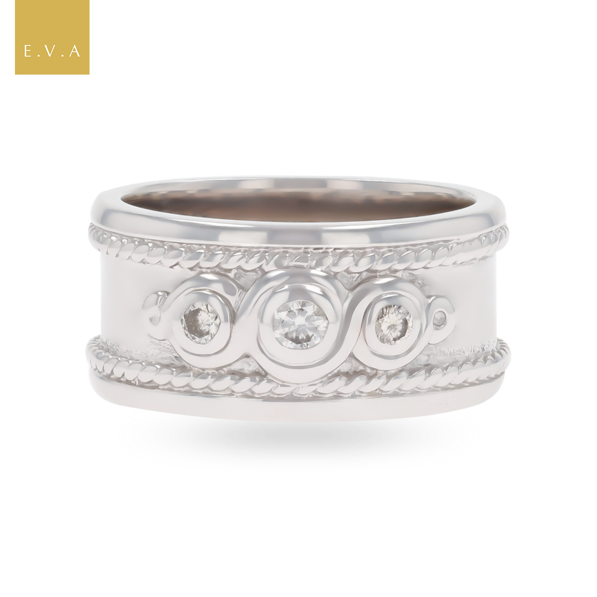 9ct White Gold Diamond Set Polished Rope Edge Ring