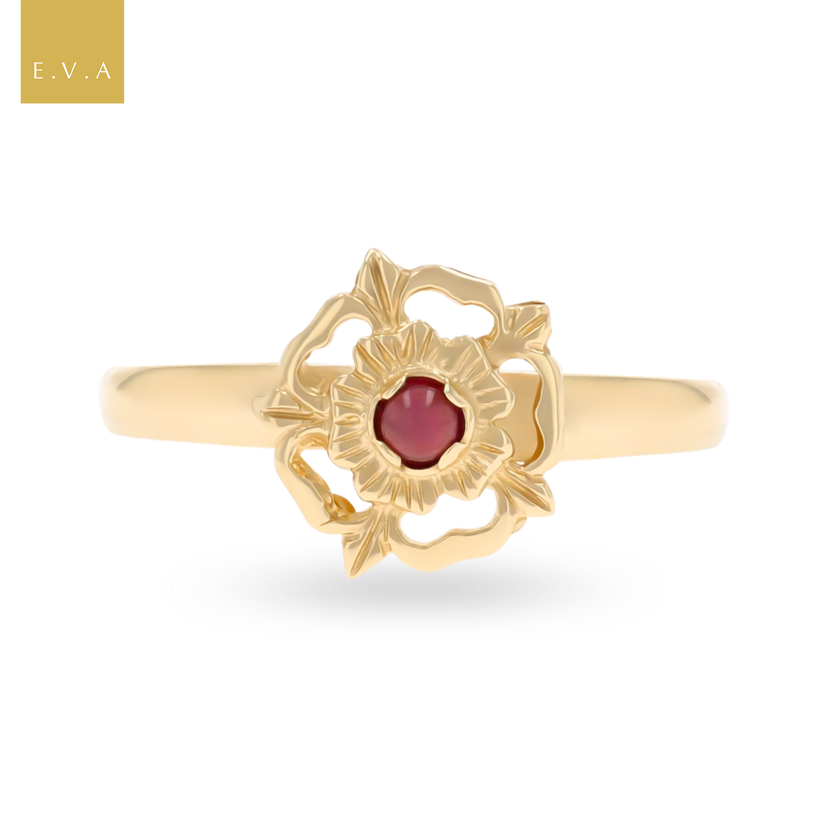 9ct Yellow Gold Garnet Cabochon Tudor Rose Ring