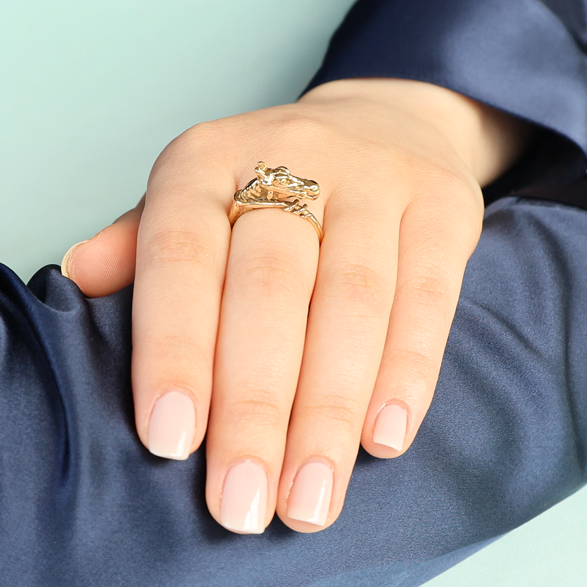 Model wears 9ct Yellow Gold Equestrian Horse Ring