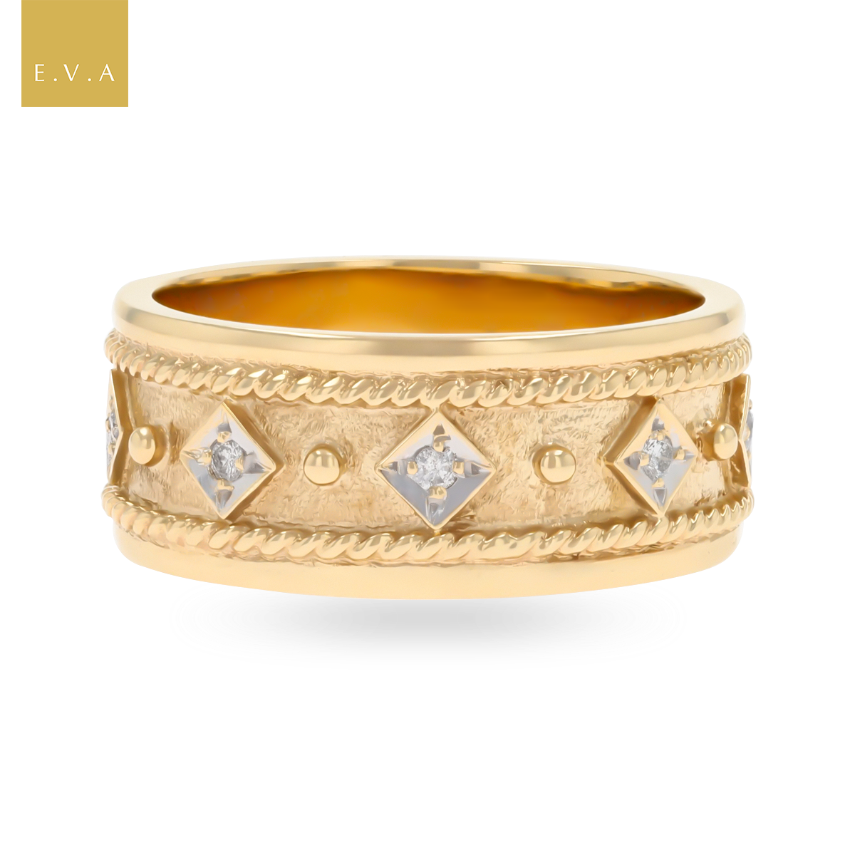 9ct Yellow Gold Diamond Set Satin Rope Edge Ring