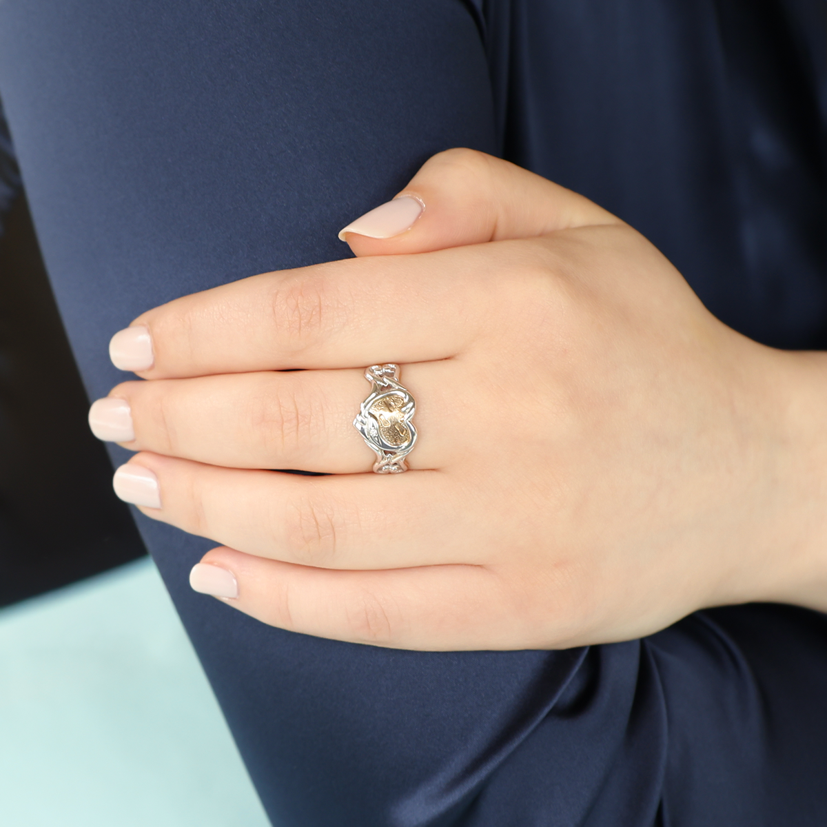 Model wears 9ct Yellow & White Gold Footprint In The Sand Diamond Ring