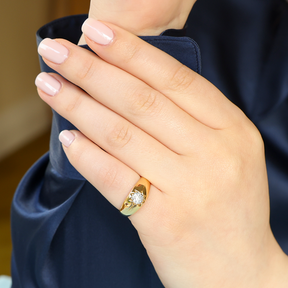 Model wears 18ct Yellow Gold Old Cut Diamond Star Set Solitaire Ring