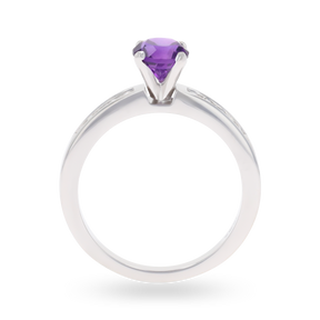 18ct White Gold Amethyst & Diamond Channel Set Shoulders Solitaire Ring
