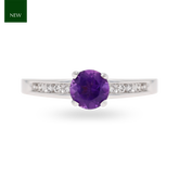 18ct White Gold Amethyst & Diamond Channel Set Shoulders Solitaire Ring