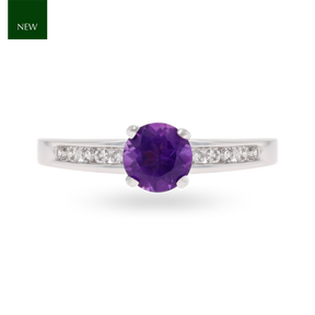 18ct White Gold Amethyst & Diamond Channel Set Shoulders Solitaire Ring