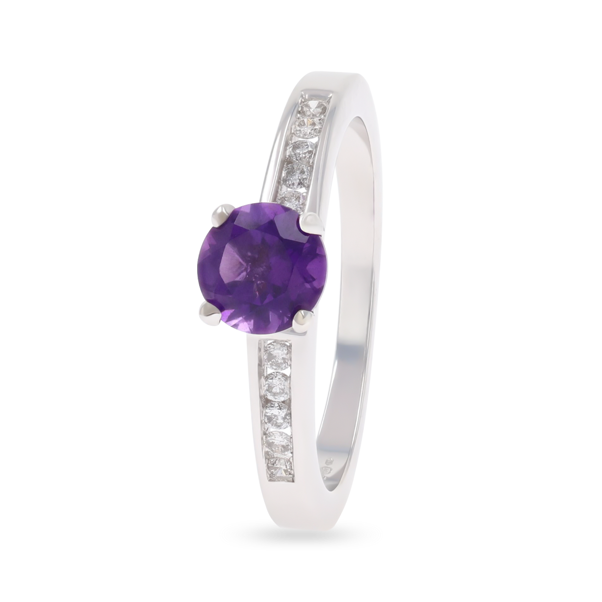 18ct White Gold Amethyst & Diamond Channel Set Shoulders Solitaire Ring