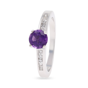 18ct White Gold Amethyst & Diamond Channel Set Shoulders Solitaire Ring