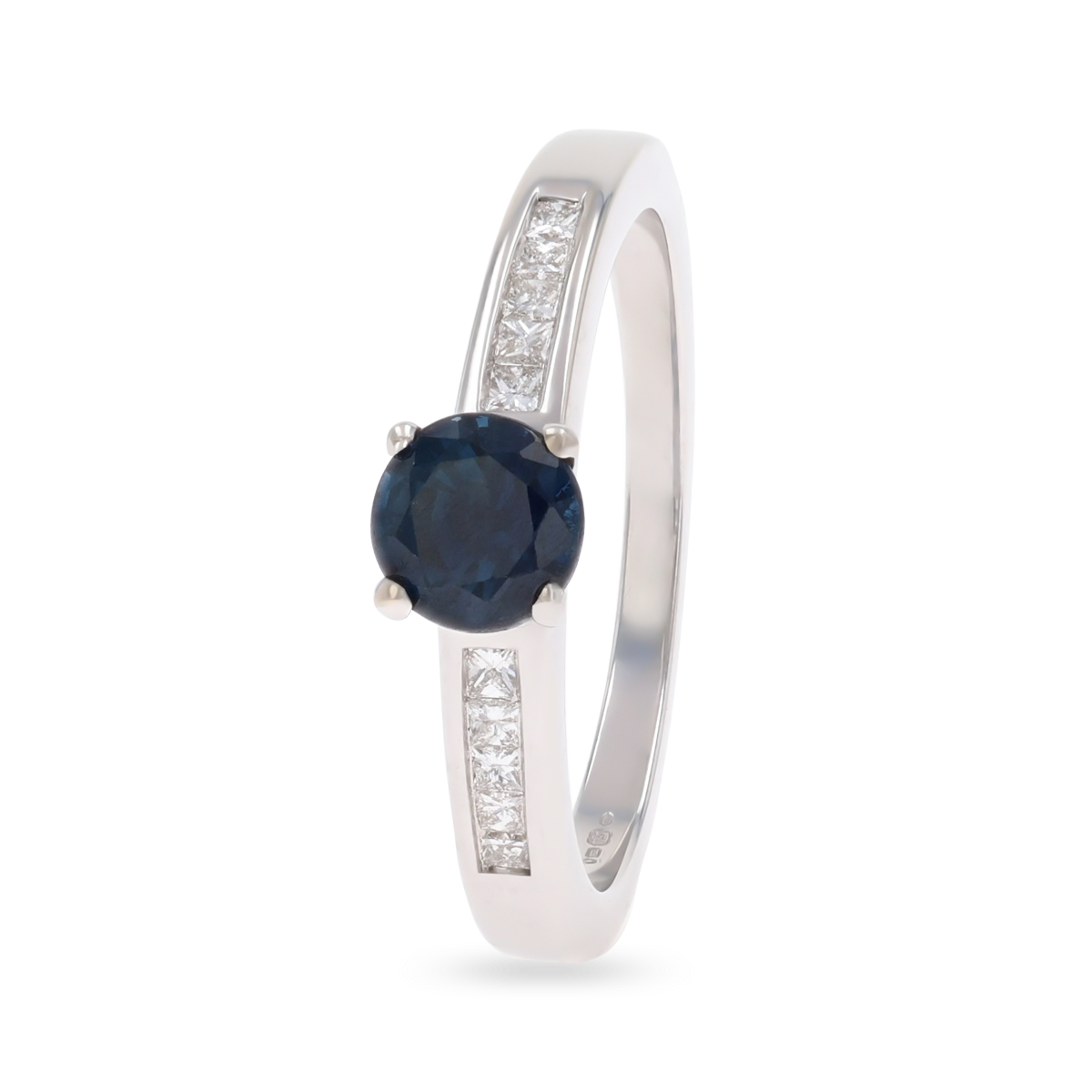 18ct White Gold Sapphire & Diamond Channel Set Shoulders Solitaire Ring