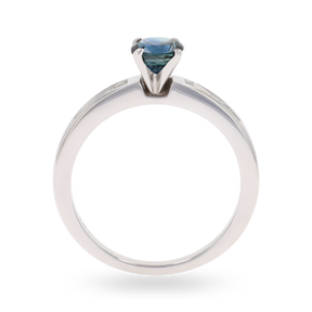 18ct White Gold Sapphire & Diamond Channel Set Shoulders Solitaire Ring