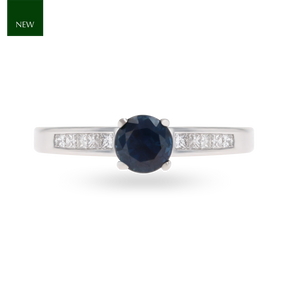 18ct White Gold Sapphire & Diamond Channel Set Shoulders Solitaire Ring