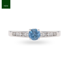 18ct White Gold Aquamarine & Diamond Channel Set Shoulders Solitaire Ring