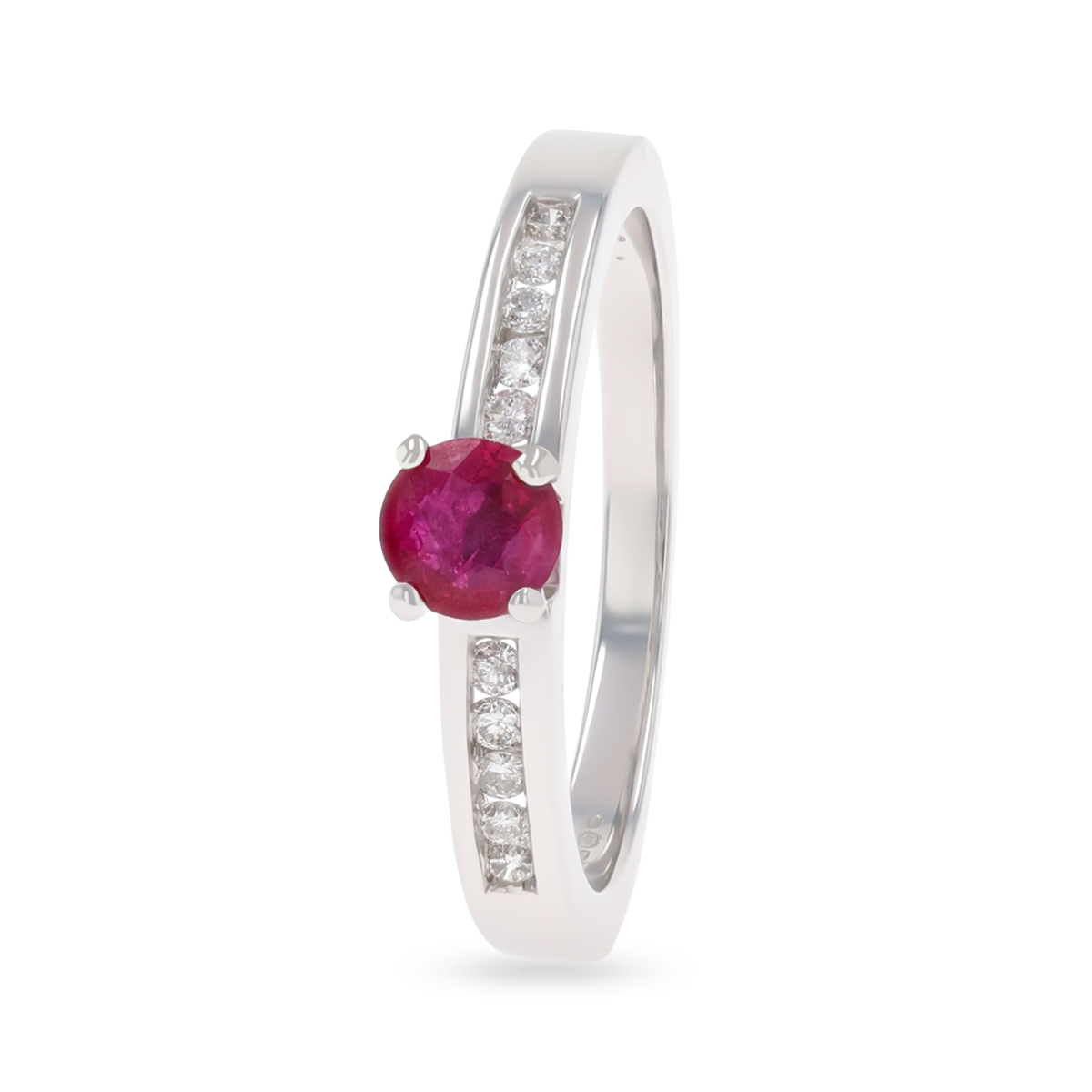 18ct White Gold Ruby & Diamond Channel Set Shoulders Solitaire Ring