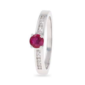 18ct White Gold Ruby & Diamond Channel Set Shoulders Solitaire Ring