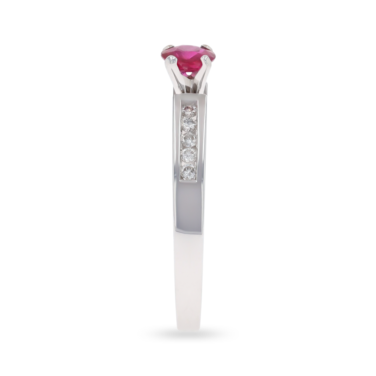 18ct White Gold Ruby & Diamond Channel Set Shoulders Solitaire Ring