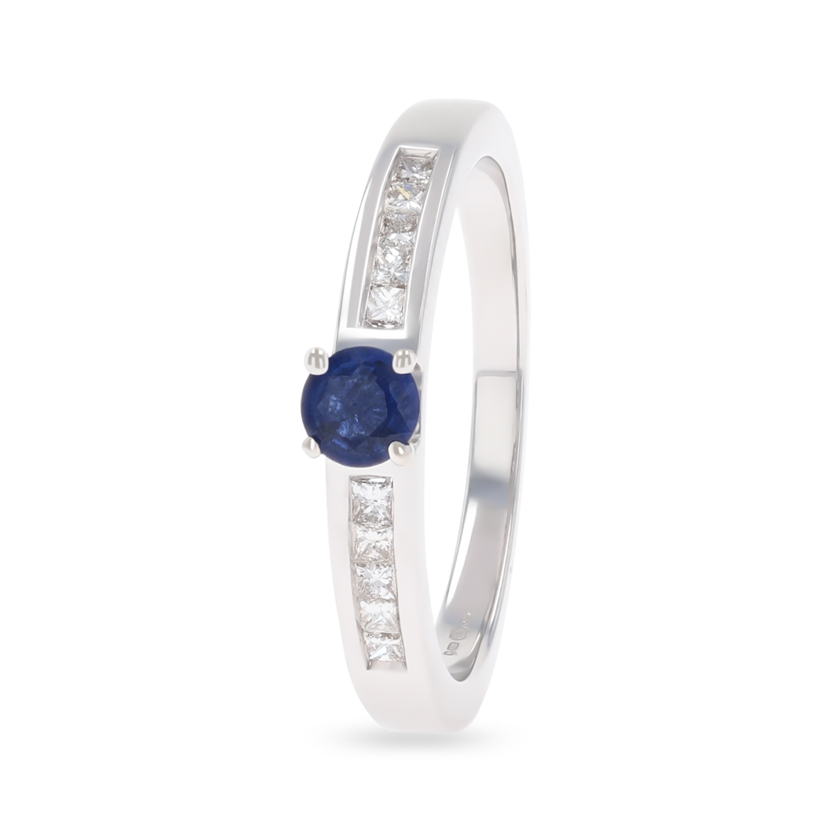 18ct White Gold Sapphire & Princess Cut Diamond Set Shoulders Solitaire Ring