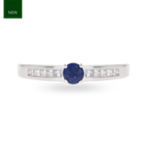 18ct White Gold Sapphire & Princess Cut Diamond Set Shoulders Solitaire Ring