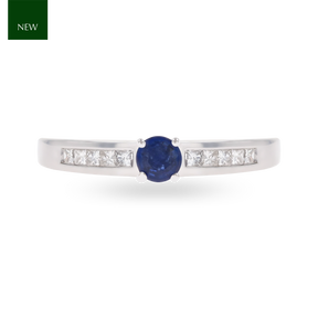 18ct White Gold Sapphire & Princess Cut Diamond Set Shoulders Solitaire Ring