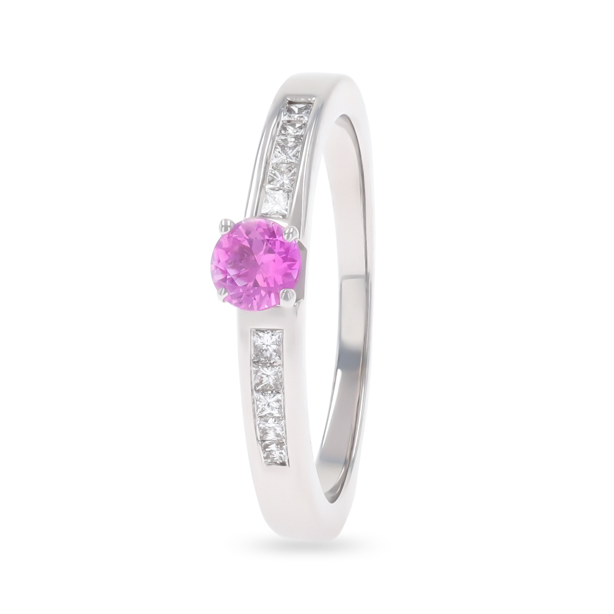 18ct White Gold Pink Sapphire & Diamond Channel Set Shoulders Solitaire Ring