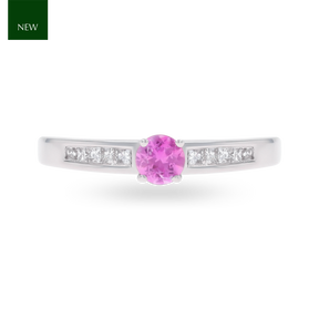 18ct White Gold Pink Sapphire & Diamond Channel Set Shoulders Solitaire Ring