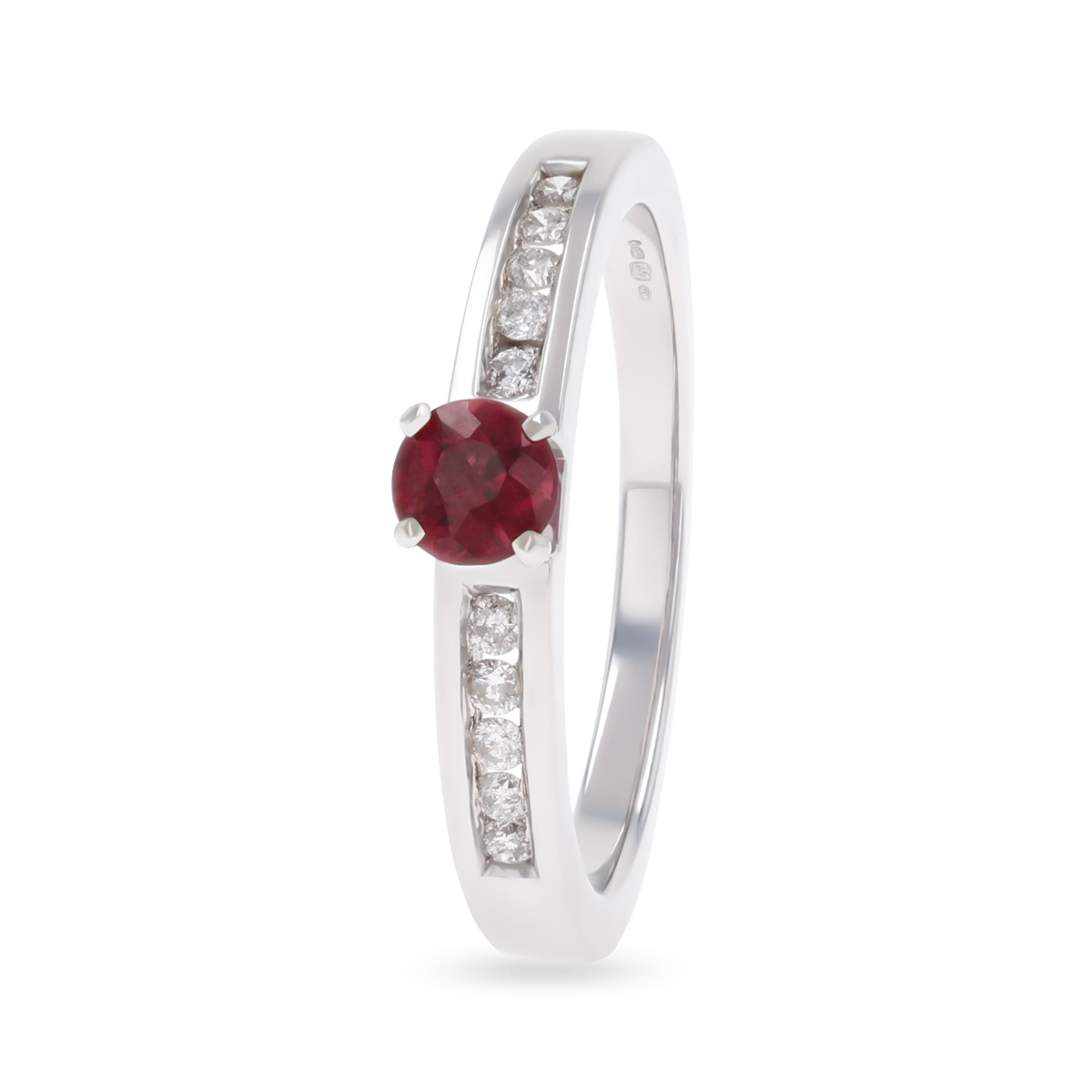 18ct White Gold Garnet & Diamond Channel Set Shoulders Solitaire Ring
