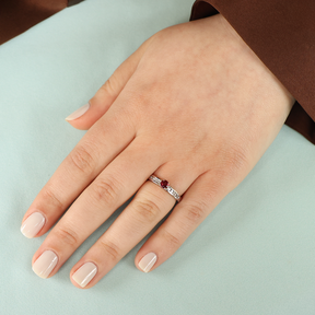 Model wears 18ct White Gold Garnet & Diamond Channel Set Shoulders Solitaire Ring