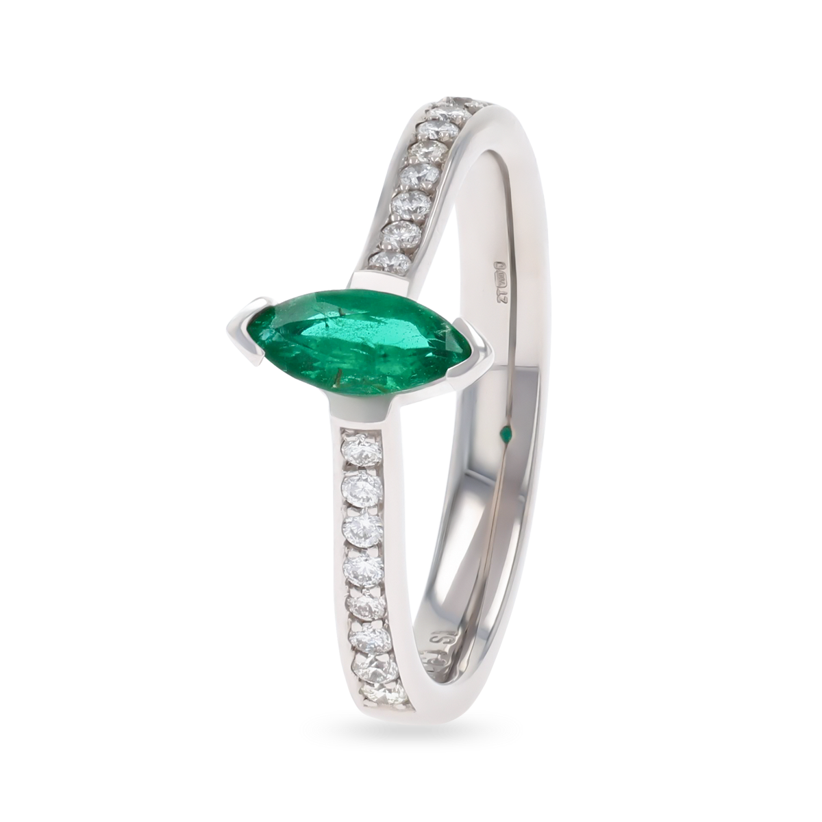 18ct White Gold Marquise Cut Emerald & Diamond Set Shoulders Ring