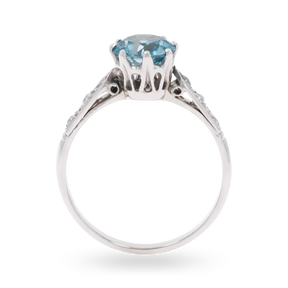 18ct White Gold Blue Zircon & Diamond Set Shoulders Ring