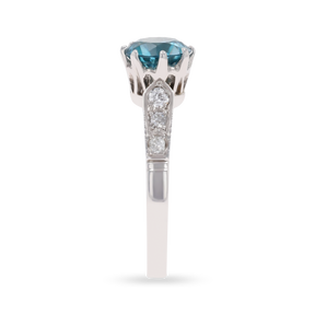 18ct White Gold Blue Zircon & Diamond Set Shoulders Ring