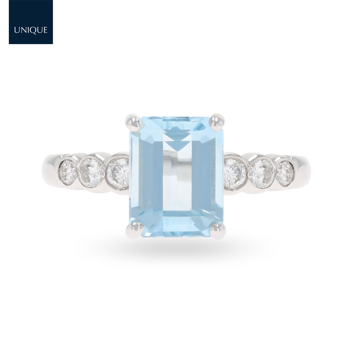 18ct White Gold Emerald Cut Aquamarine & Diamond Solitaire Ring