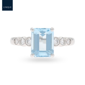 18ct White Gold Emerald Cut Aquamarine & Diamond Solitaire Ring