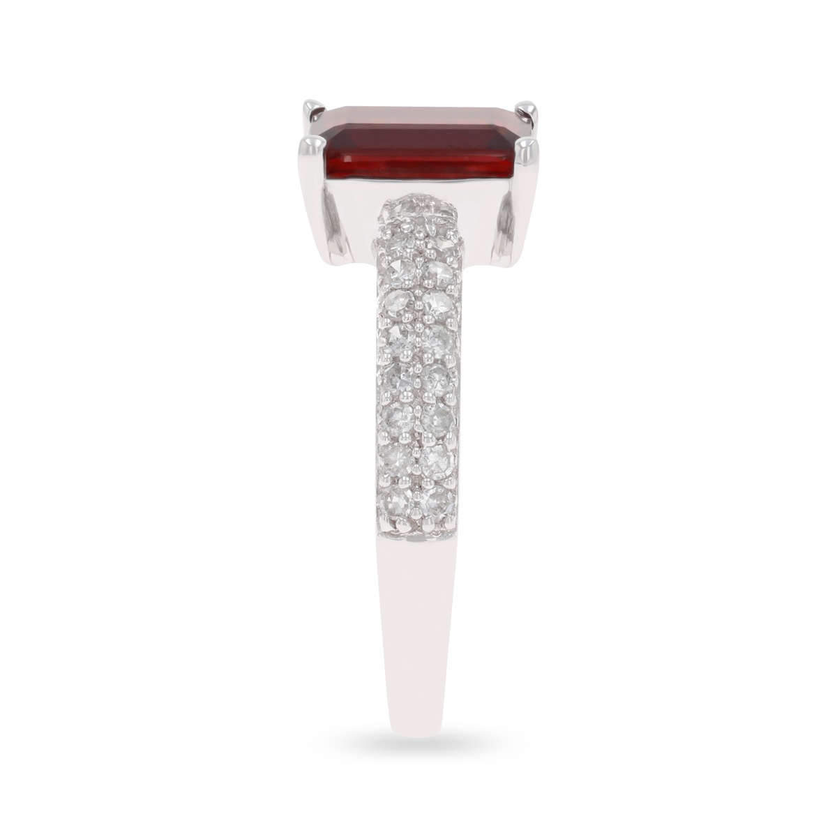 9ct White Gold Emerald Cut Garnet Solitaire Ring With Diamond Shoulders