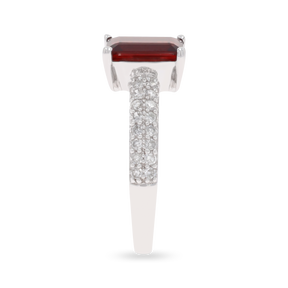 9ct White Gold Emerald Cut Garnet Solitaire Ring With Diamond Shoulders