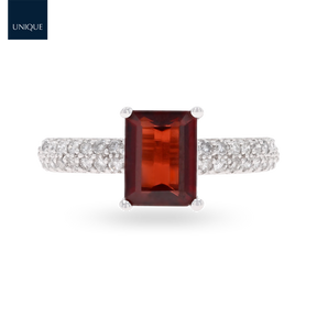 9ct White Gold Emerald Cut Garnet Solitaire Ring With Diamond Shoulders