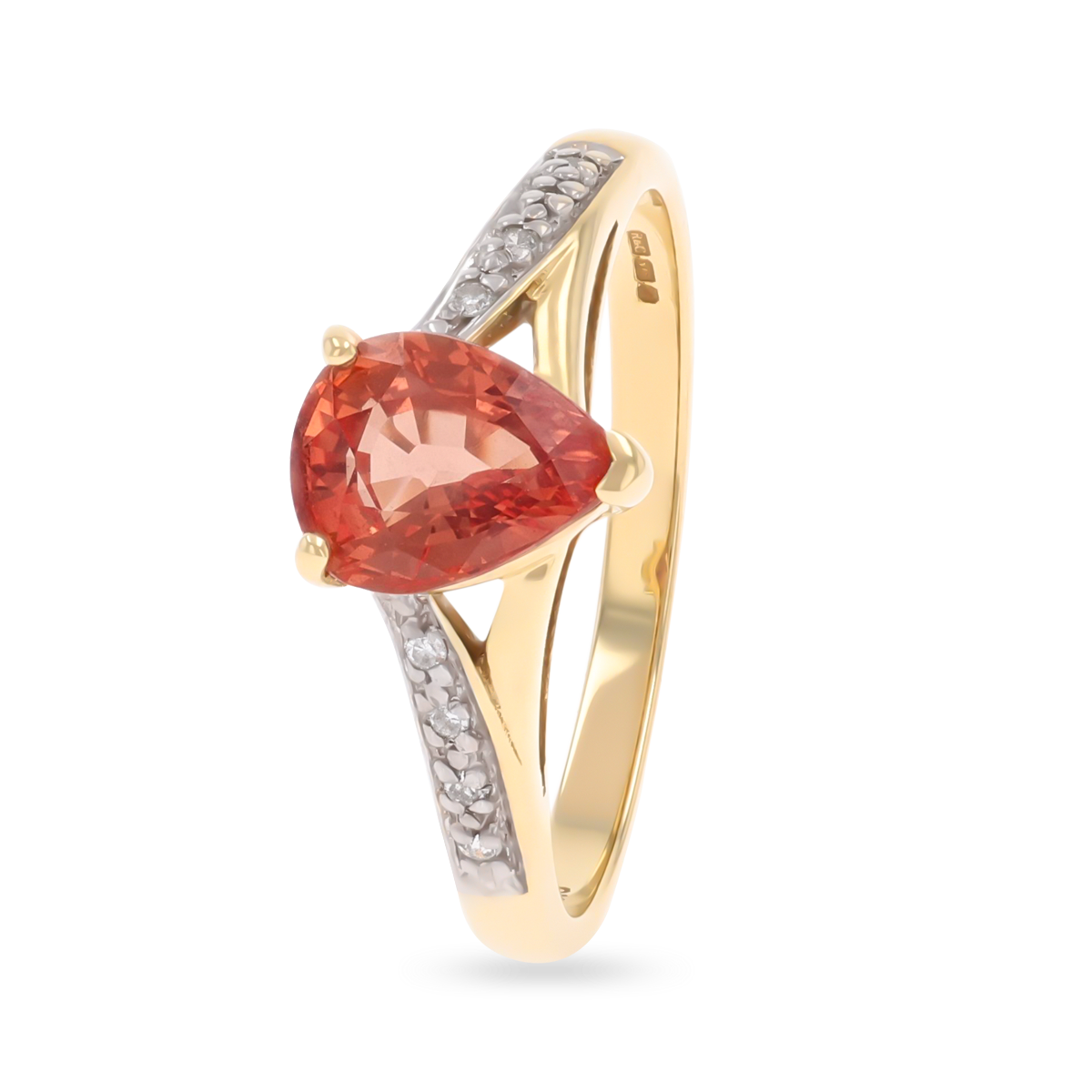 9ct Yellow Gold Pear Shaped Orange Sapphire & Diamond Ring