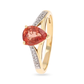 9ct Yellow Gold Pear Shaped Orange Sapphire & Diamond Ring
