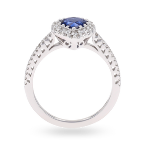 18ct White Gold Heart Shaped Sapphire & Diamond Halo Ring
